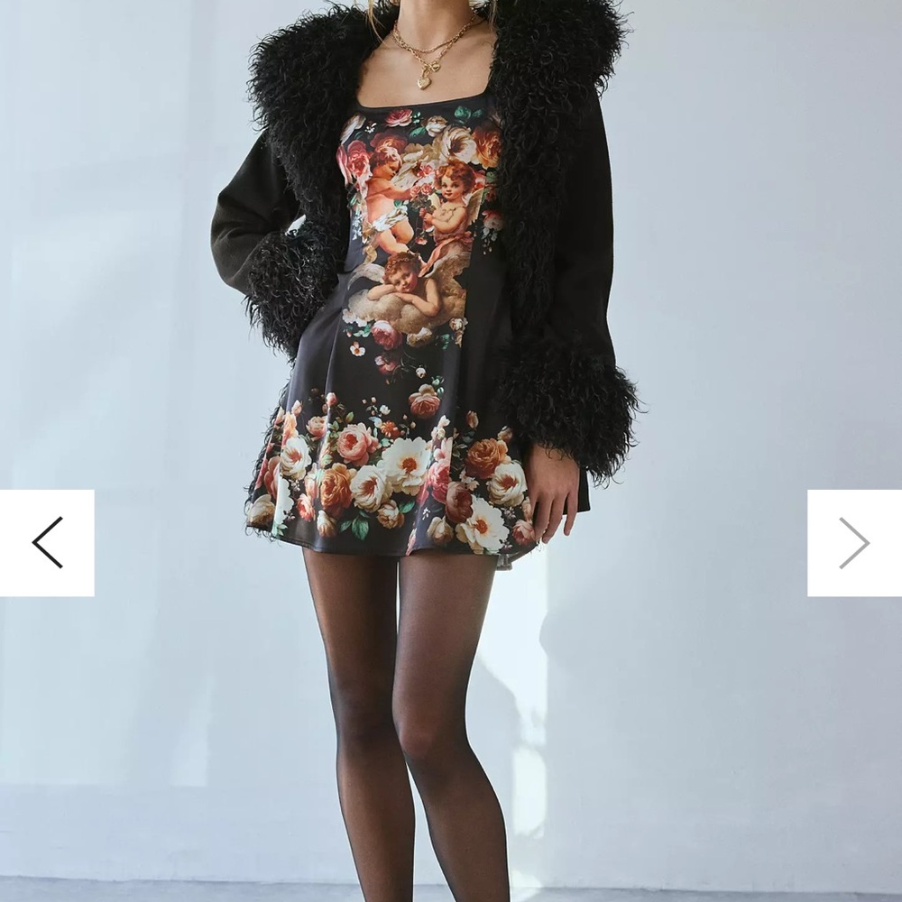 Floral Black Dress with Angel Print UO Bri Double Bow Sleek Satin Mini Dress